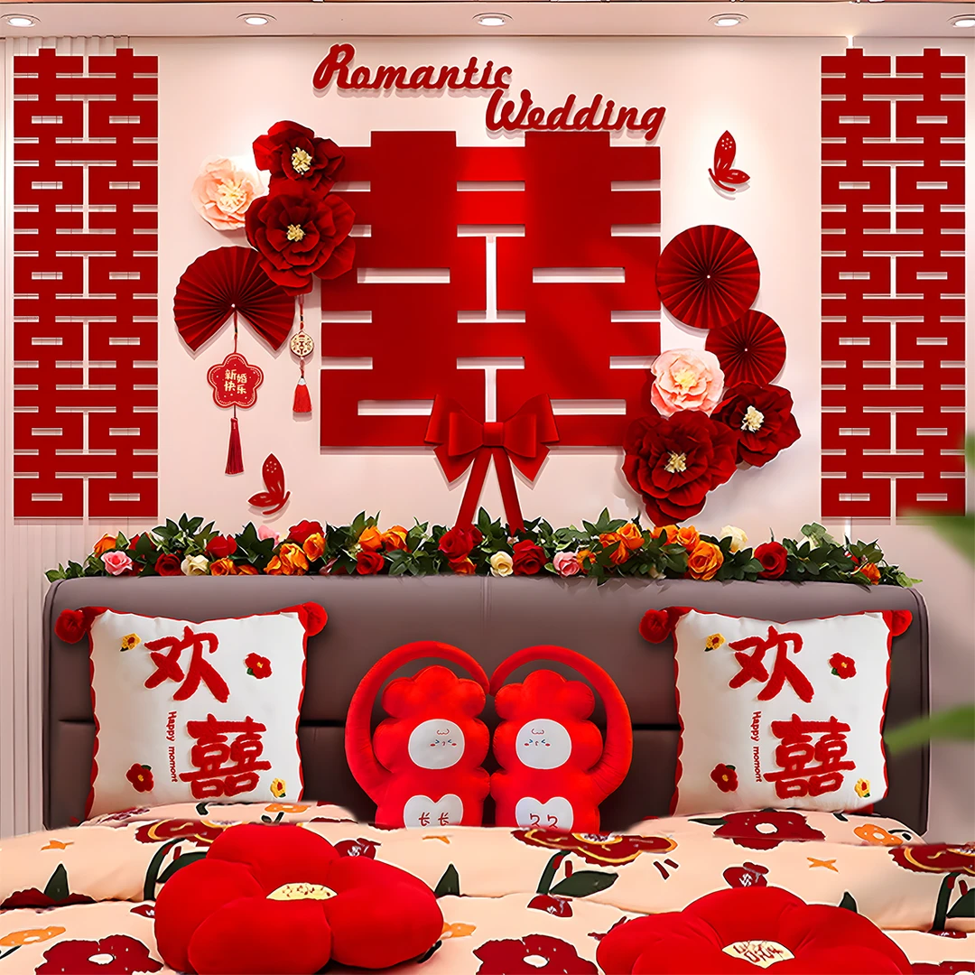 婚房背景墙装饰结婚新房蜂窝球女方男方卧室床头拉花灯笼高级装饰