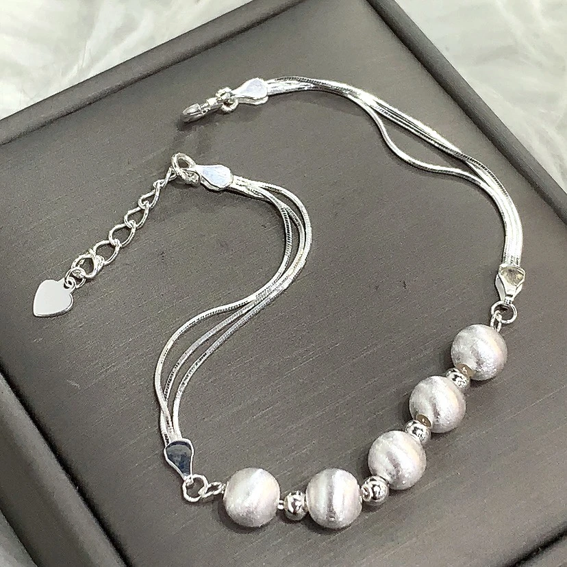 925银手链 素白五连珠拉丝球球蛇骨手链17-19.5cm