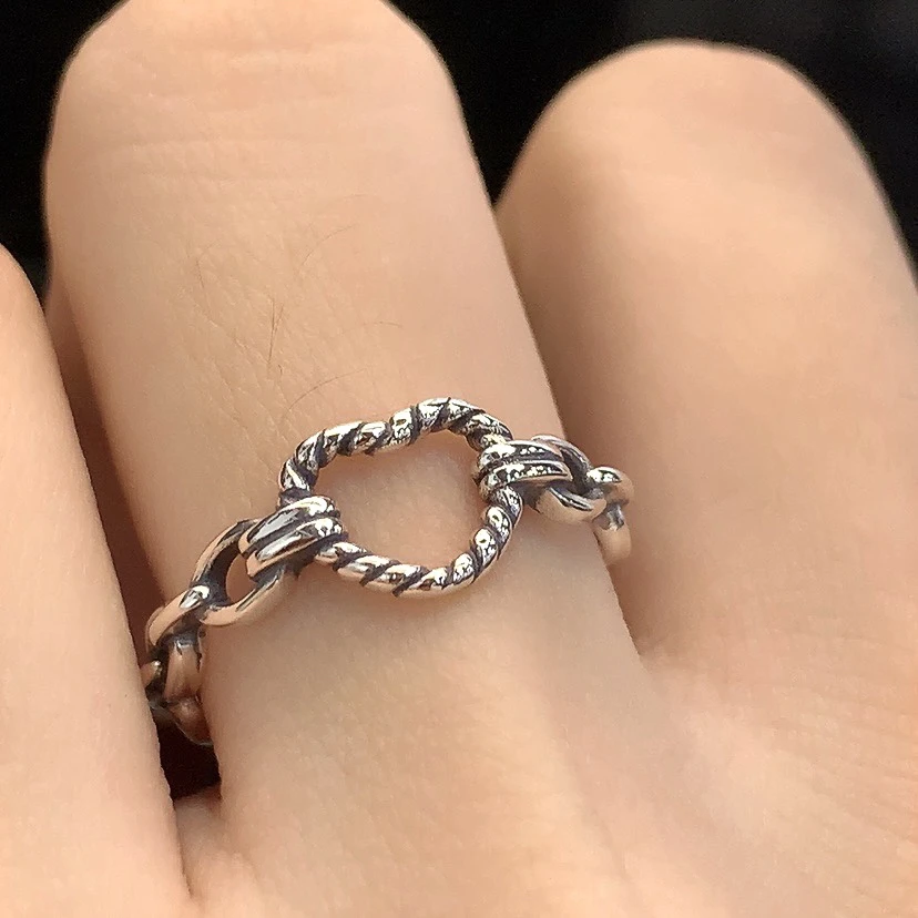 925银戒指 复古镂空爱心链条对开口戒指