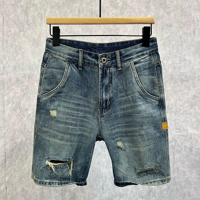 时尚破洞牛仔短裤男夏季薄款潮牌五分裤潮流痞帅宽松直筒休闲中裤