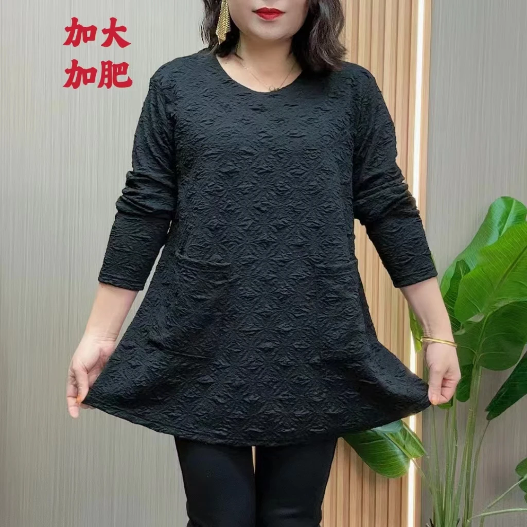 春季新款时尚加大加肥妈妈装宽松显瘦女士长袖上衣小衫