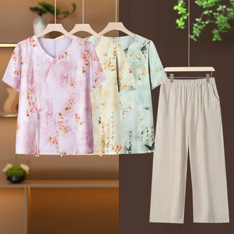 2024夏装新款中年妈妈套装洋气新中式小衫中老年女夏季上衣两件套