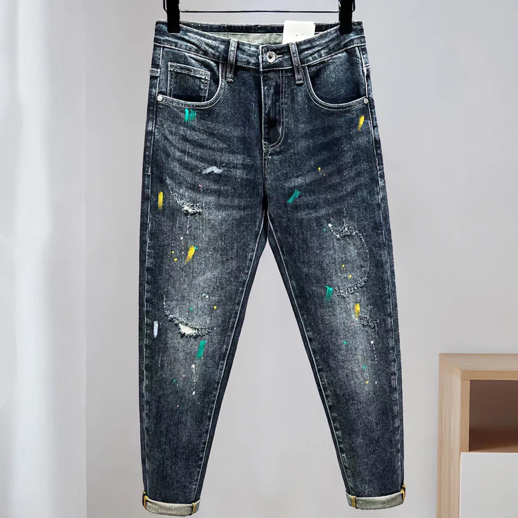 兰波高端欧货牛仔裤男泼墨油漆点蓝色猫须潮高街潮牌秋季修身裤子