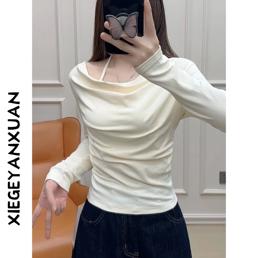秋季修身纯欲风荡领打底衫挂脖长袖T恤女假两件性感气质上衣