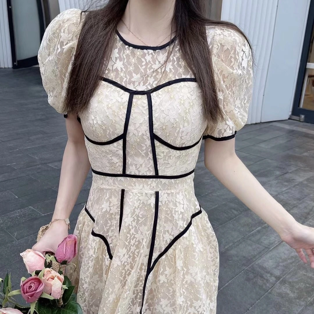夏季新款修身21019连衣裙小众蕾丝新款收腰显瘦拼色公主风女装