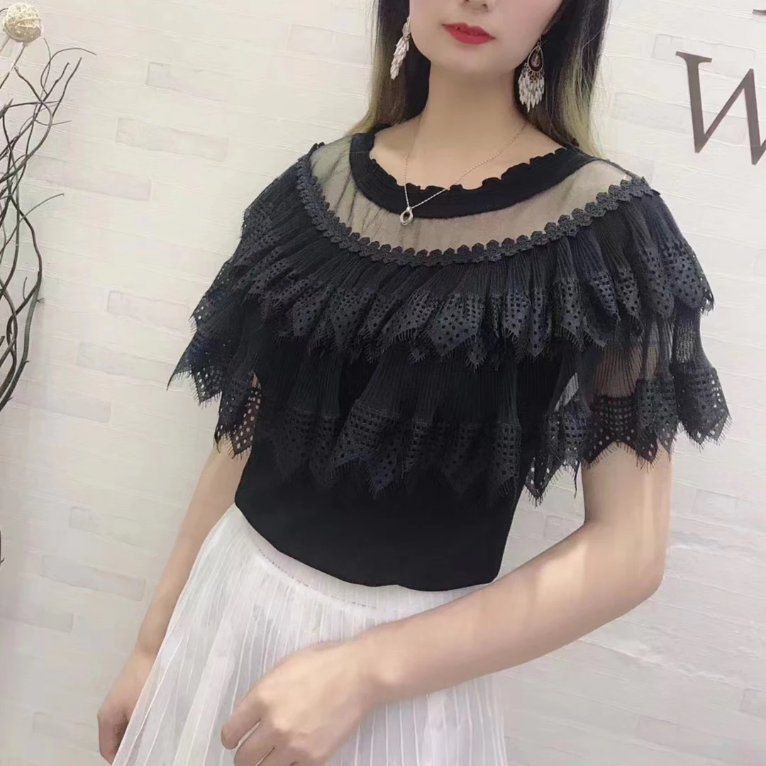 S19041夏季新款甜美百搭上衣落纱披肩设计时尚小众气质蕾丝针织衫