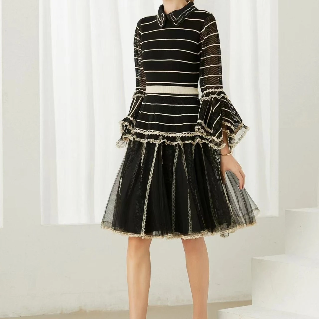 时尚气质1031百褶拼接显瘦百搭纱裙流苏秋季条纹复古针织裙子