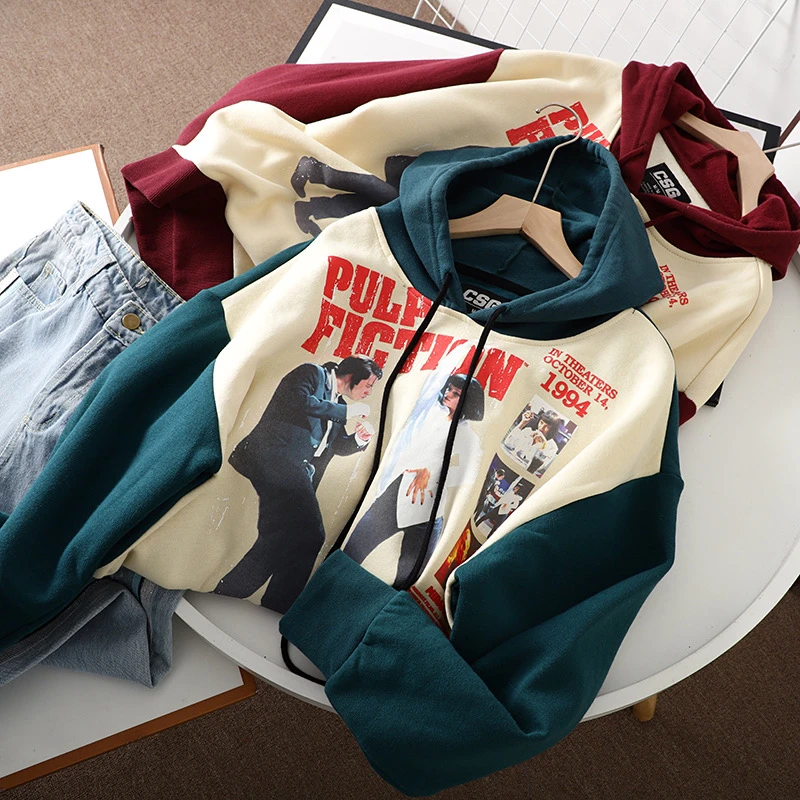 SU267 欧美风拉绒连帽印花套头加绒百搭宽松休闲卫衣