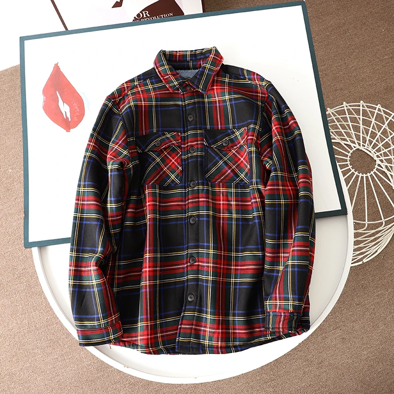 SU355 加绒加厚！羊羔绒格子衬衫男士冬季保暖休闲衬衣