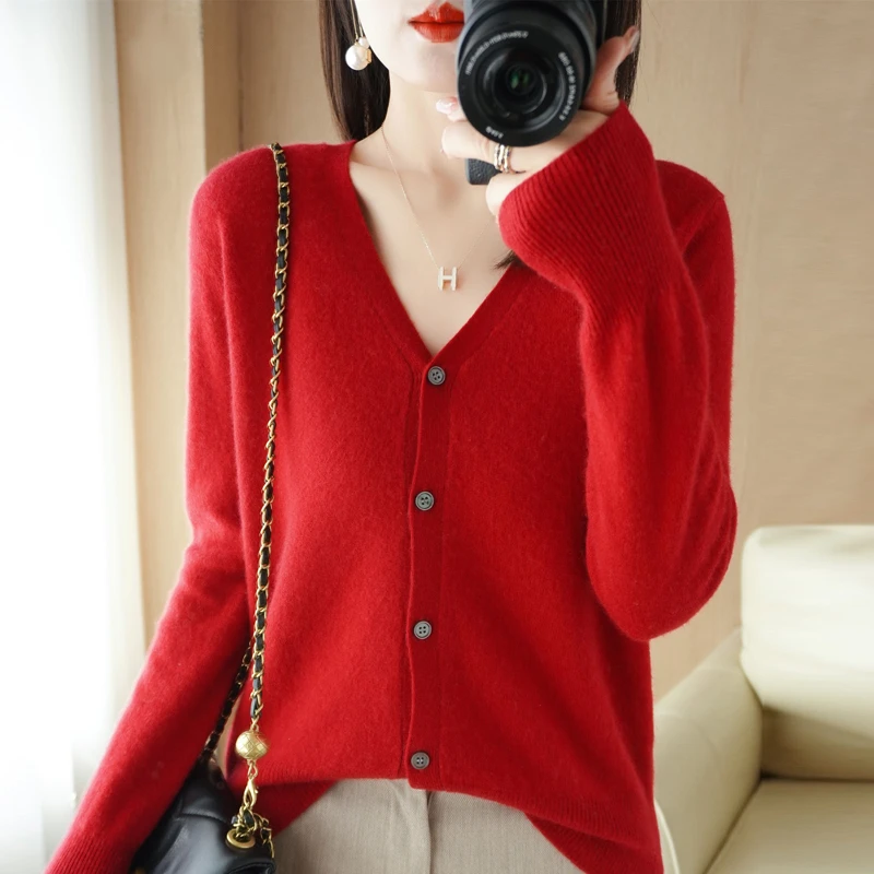 高档春秋新款V领长袖针织衫开衫女宽松显瘦纯色百外搭毛衣外套女