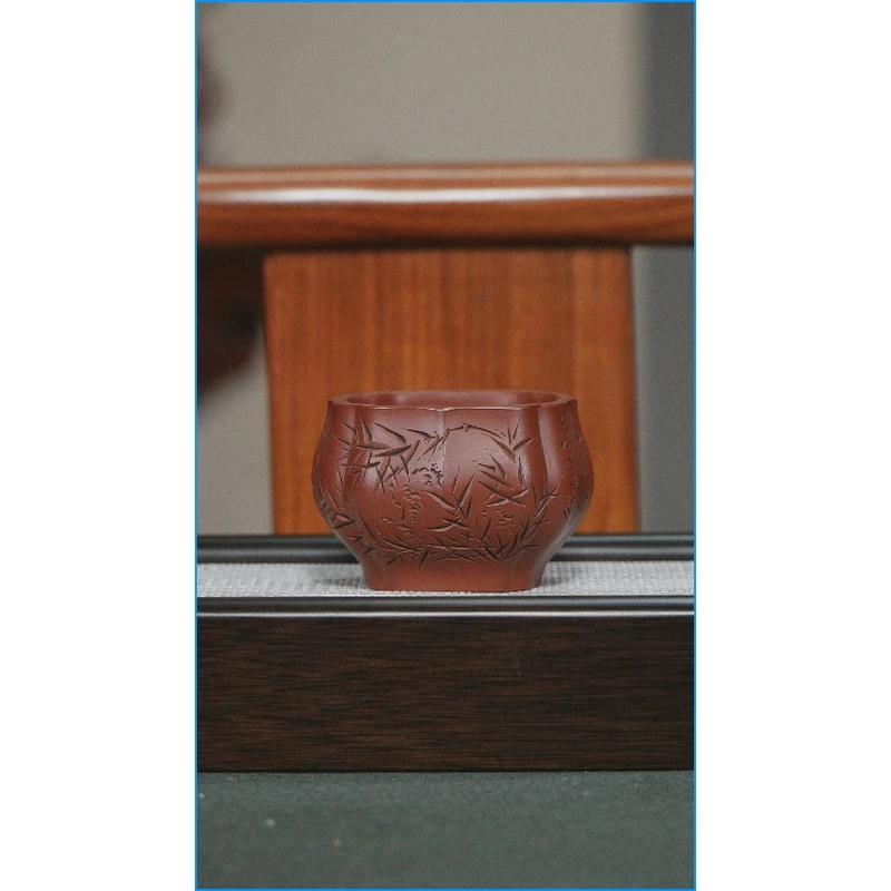 002FSY宜兴原矿大红袍刻绘竹叶主人杯紫砂