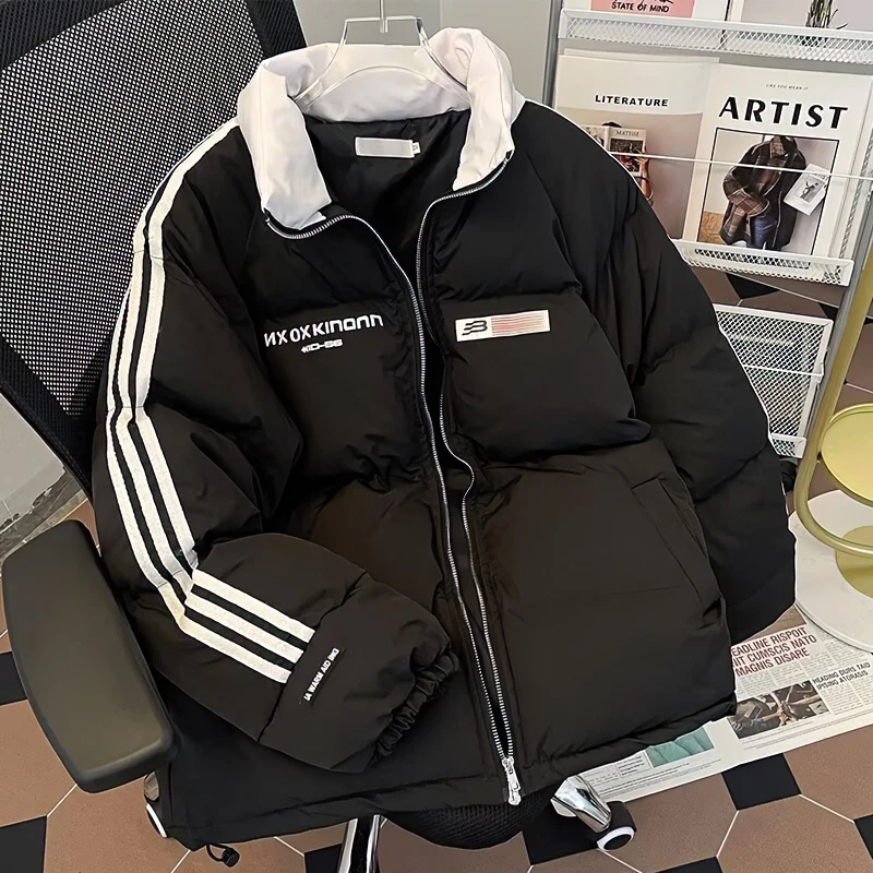 国潮美式条纹棉衣棉服男女同款2024秋冬加厚情侣上衣面包服外套