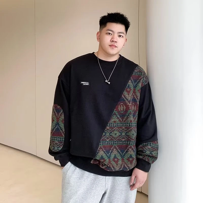 大码男装潮牌加肥加大秋冬休闲宽松圆领民族拼接流行套头卫衣男