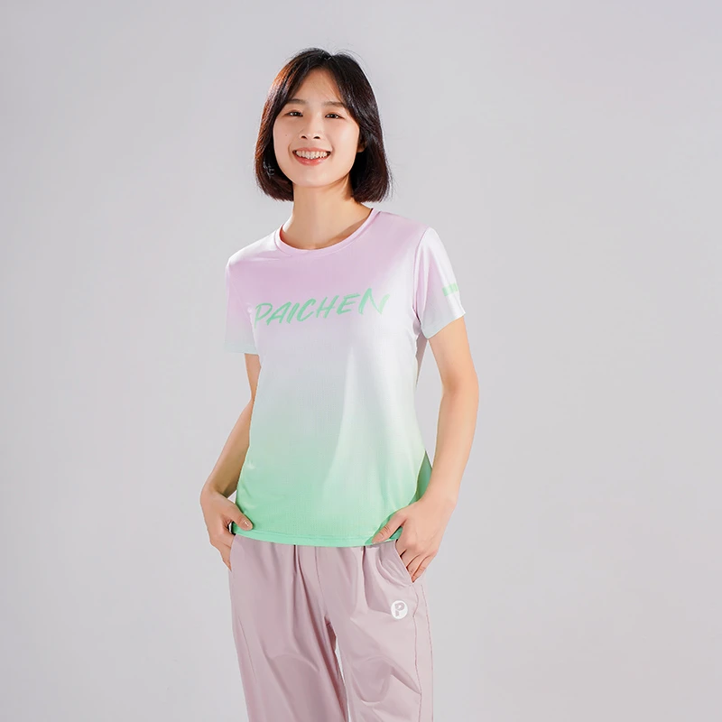 派晨户外休闲运动渐变拼色宽松圆领弹力百搭短袖/冰感长裤套装