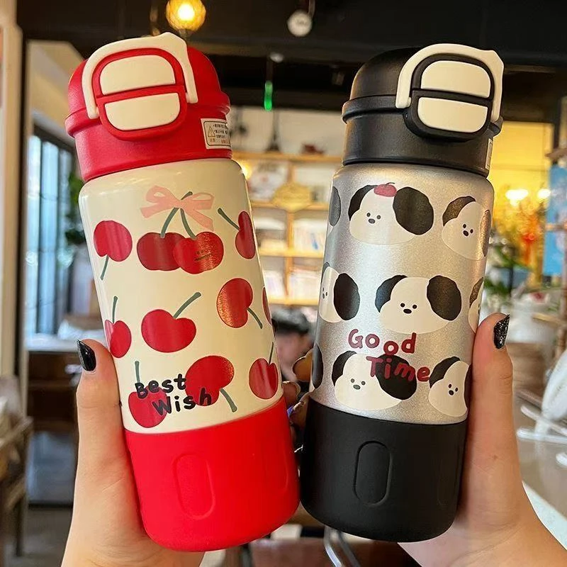 高颜值学生双饮保温杯可爱卡通女生水杯便携式不锈钢儿童吸管杯