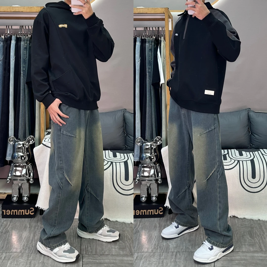 男款春秋季宽松直筒阔腿男生休闲长裤子美式水洗做旧解构牛仔裤