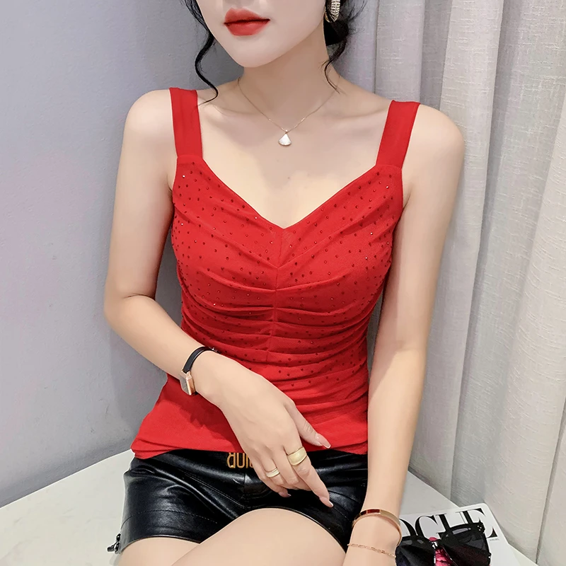 性感V领网纱吊带背心女2023新款时尚烫钻无袖上衣紧身内搭小衫夏