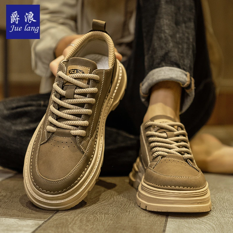 爵浪休闲皮鞋男款春季2025新款百搭男士休闲英伦风低帮厚底马丁靴
