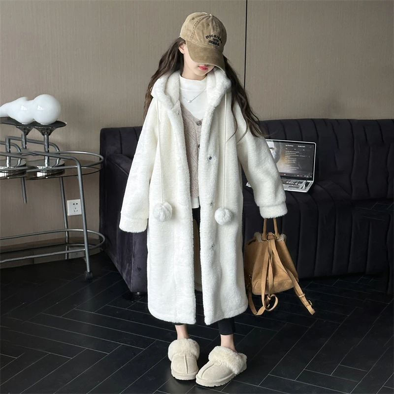 女童加绒毛绒外套2025冬季新款中大童加厚连帽大衣冬款保暖毛毛衣