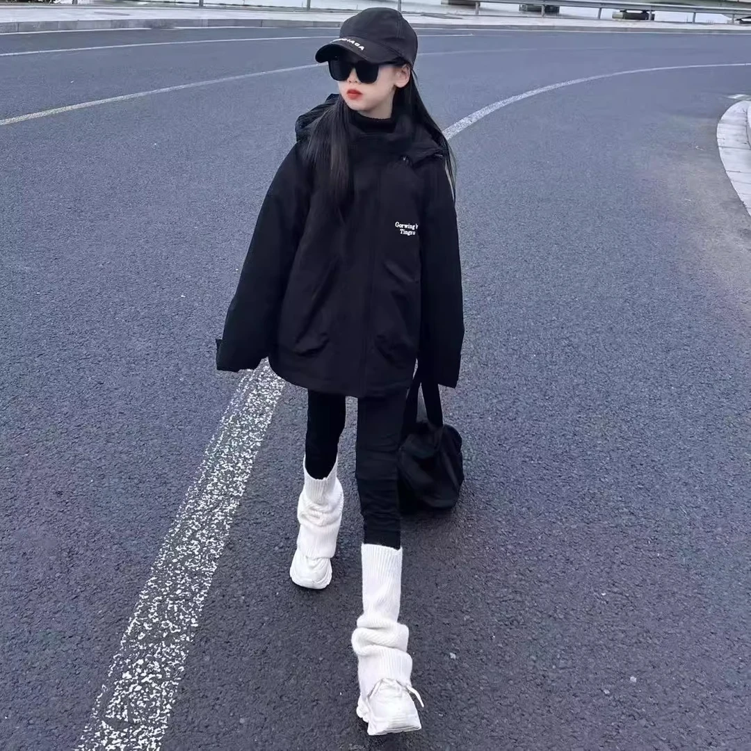 女童夹棉冲锋衣秋冬2025新款女大童洋气上衣儿童冬季户外连帽外套