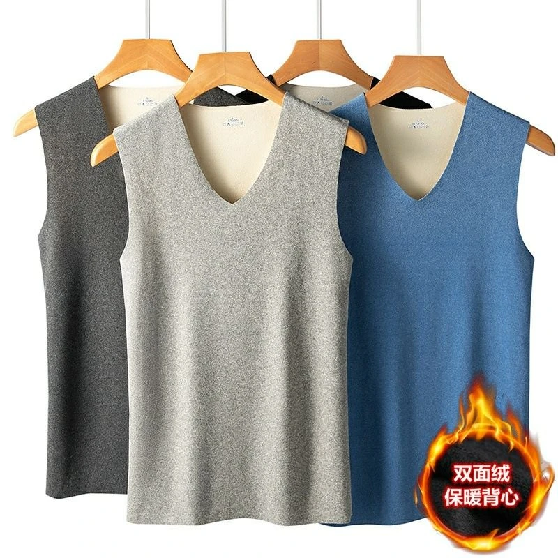 男士AB面保暖背心双色德绒双面加绒无痕修身自发热打底秋冬季v领