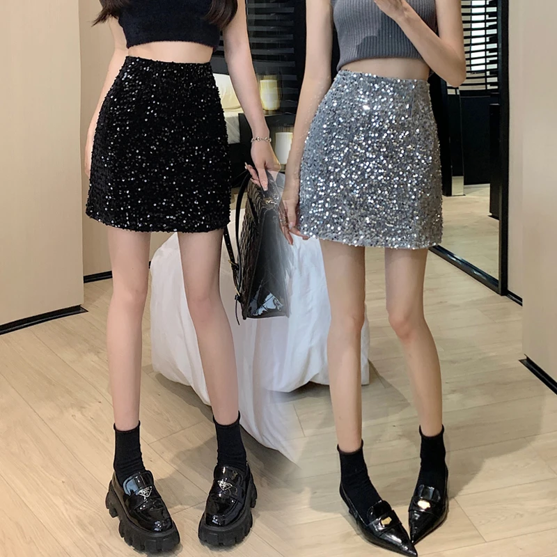 a字亮片裙半身裙女网红设计感小众银色亮晶晶闪片包臀半裙短裙子