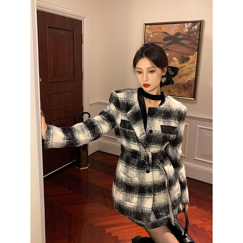 彭剩饭饭 精致穿搭2023秋冬法式羊绒格子半裙E0138