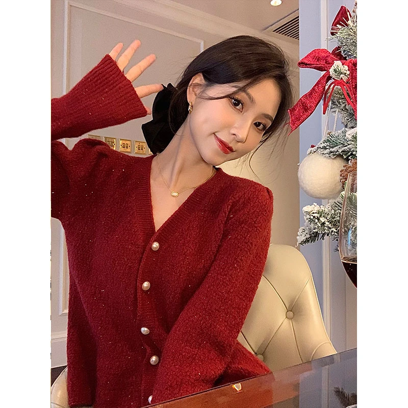 彭剩饭饭 气质穿搭2023冬季圣诞款法式v领毛衣鱼尾下摆 A1426