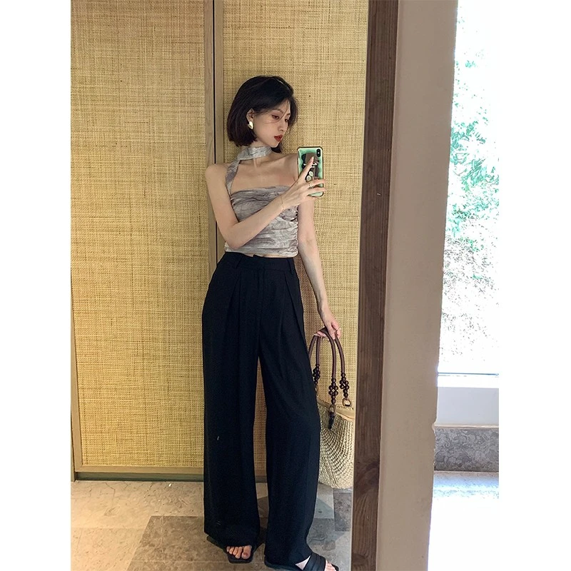 彭剩饭饭（清仓款） 御姐穿搭2023夏天丝高腰直筒宽松显瘦西裤B277