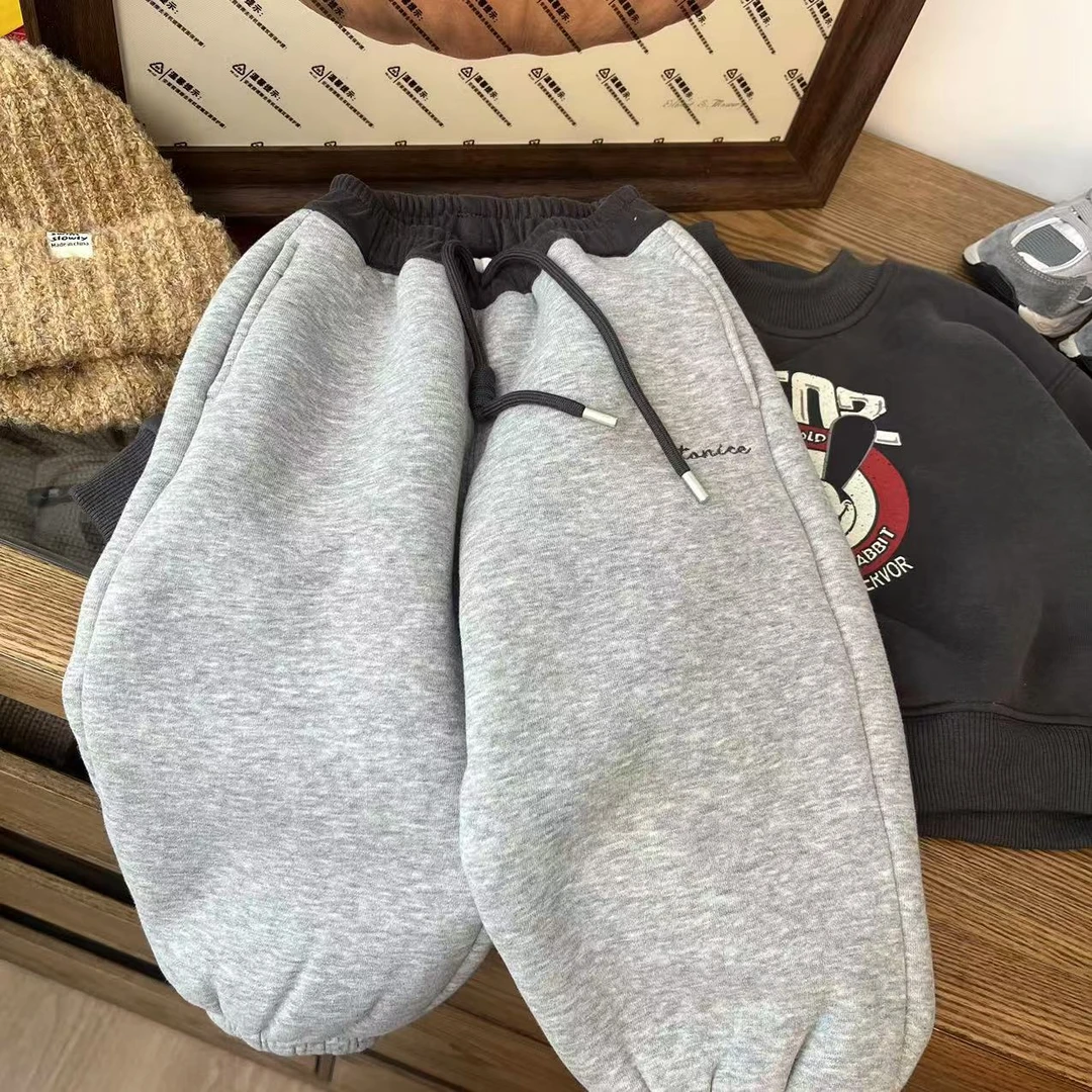 超厚实～一条过冬加绒加厚韩版男女童浅灰色卫裤