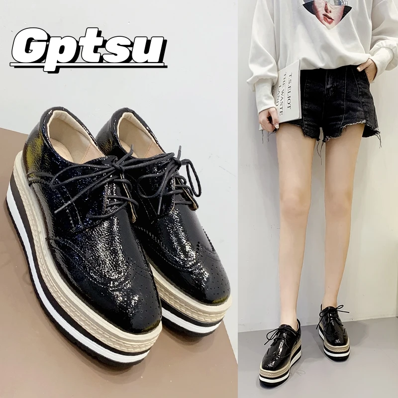 GPTSu秋季新款百搭条纹厚底松糕鞋女款圆头系带坡跟单鞋鞋布洛克