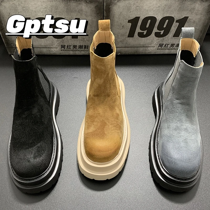 GPTSu男鞋秋季一脚蹬烟筒靴高帮英伦新款马丁靴厚底中帮休闲男靴
