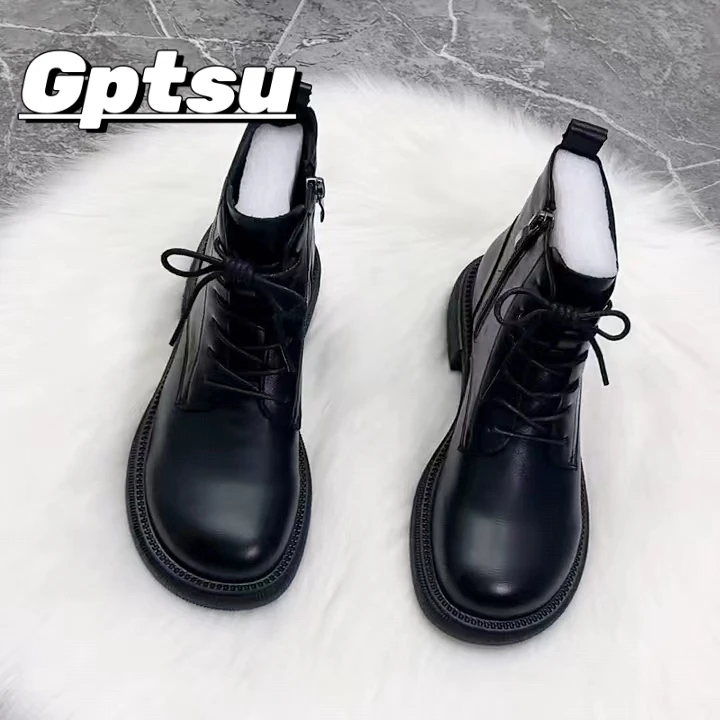 GPTSu秋冬女款时尚平底单靴短靴真皮芒果头马丁靴漆皮加绒棉靴女