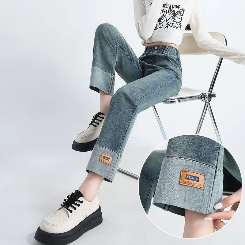 2025年新款春秋松紧腰直筒九分牛仔裤女浅色小个子八分卷边烟管裤