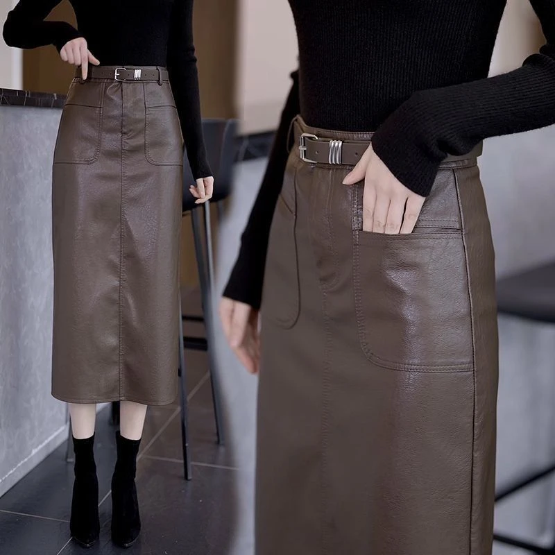 2025新款秋冬裙子pu皮裙半身裙高腰中长款直筒一步包臀裙中长裙女