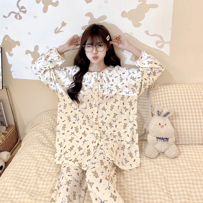 【飘带小兔】纯棉长袖开衫胖mm睡衣ins宽松大码韩版纯棉家居服
