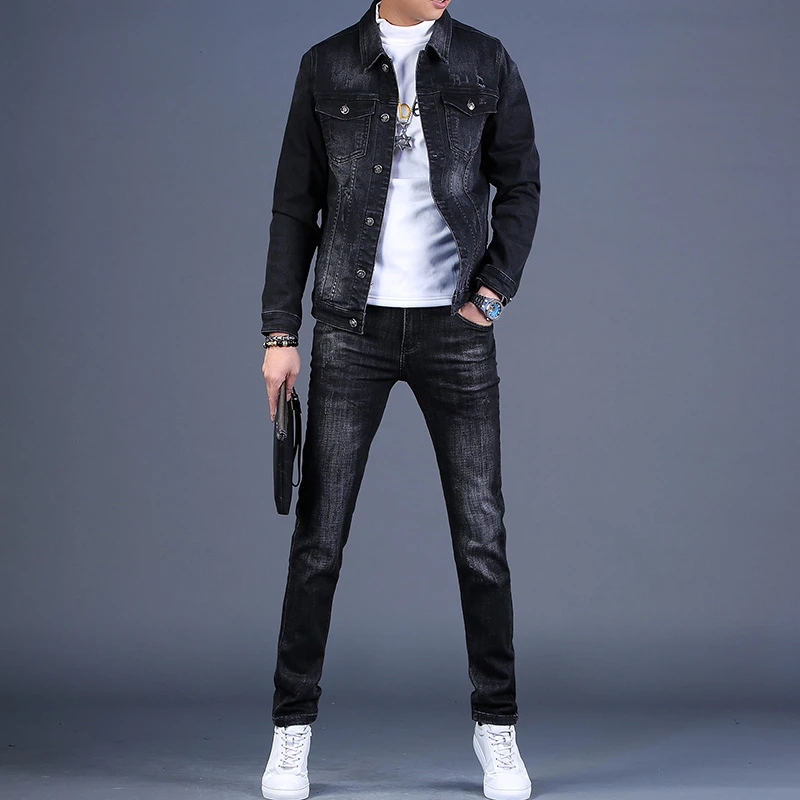 香港春夏新款男士牛仔裤黑色时尚夹克外套修身弹力休闲上衣男潮流