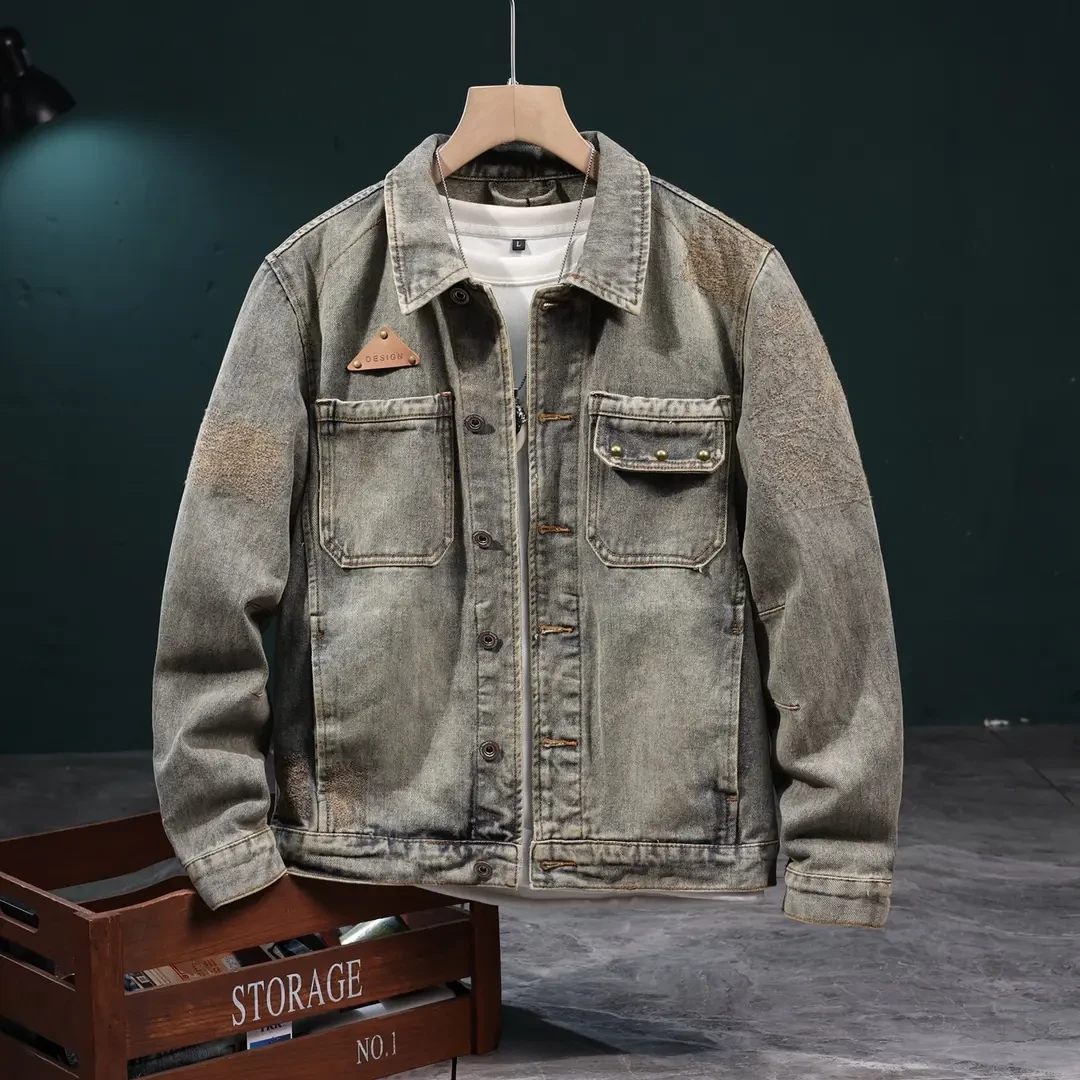 【优选】复古水洗牛仔外套男士新款潮流工装休闲美式重磅夹克