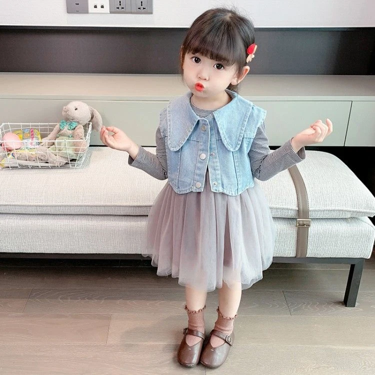 女童小香风连衣裙套装春秋小童宝宝秋装纱裙牛仔马甲两件套儿童装