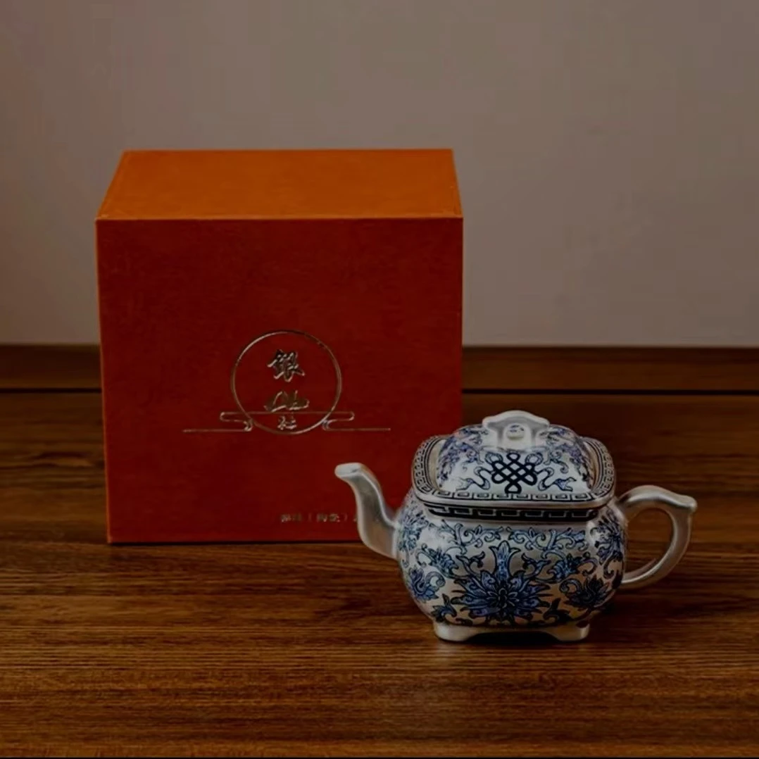 中式珐琅彩复古创意手工手绘青花缠枝莲四方壶礼盒装X725