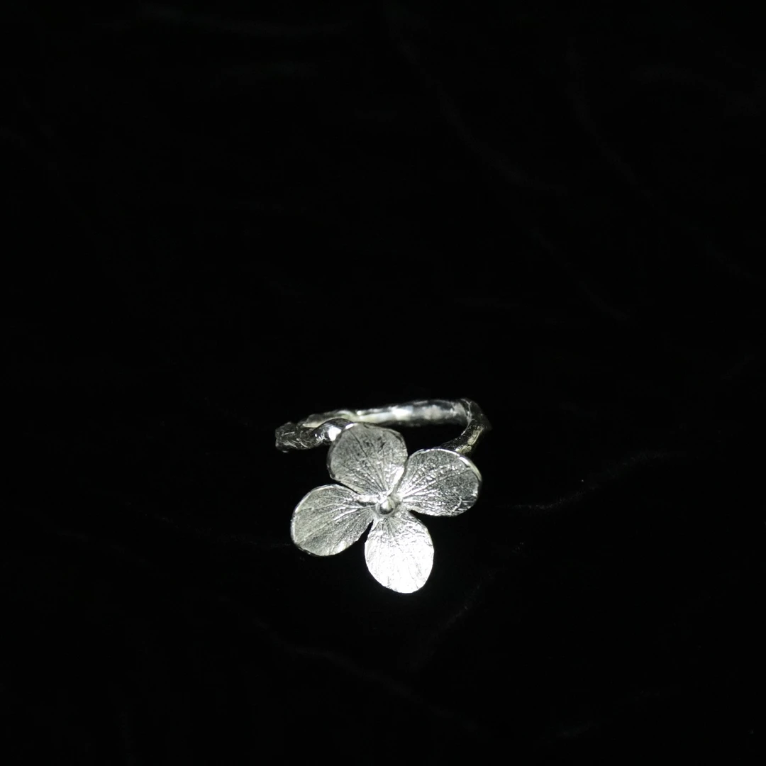 足银戒指 汀原999足银绣球花戒指原创设计1:1倒模纯手工花朵戒指