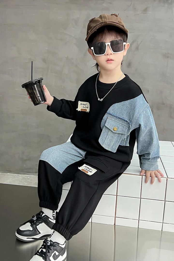 童装帅气潮童套装个性牛仔拼接男童洋气10-15岁潮牌春秋款秋季