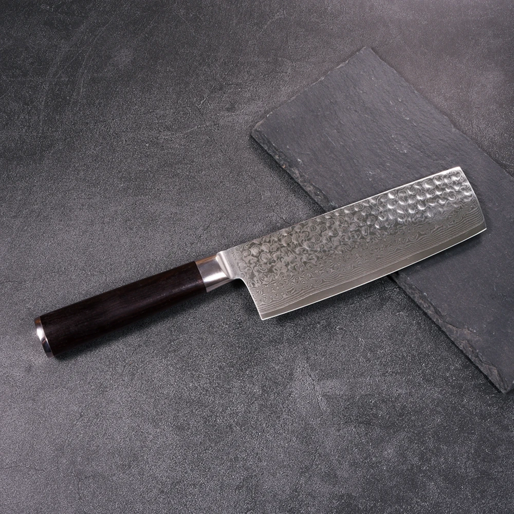 《火森》大马士革平头菜切锤纹雨滴沙纹主厨商用菜刀黑檀木手柄