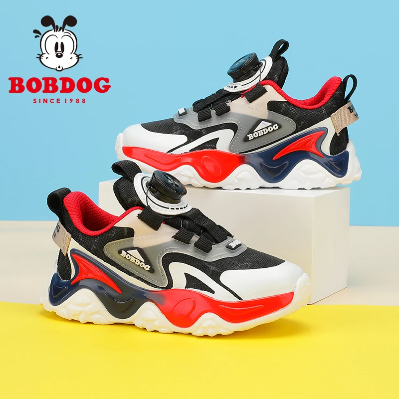 Bobdog/巴布豆男童鞋子春秋款2023透气网面旋转纽扣儿童运动鞋女