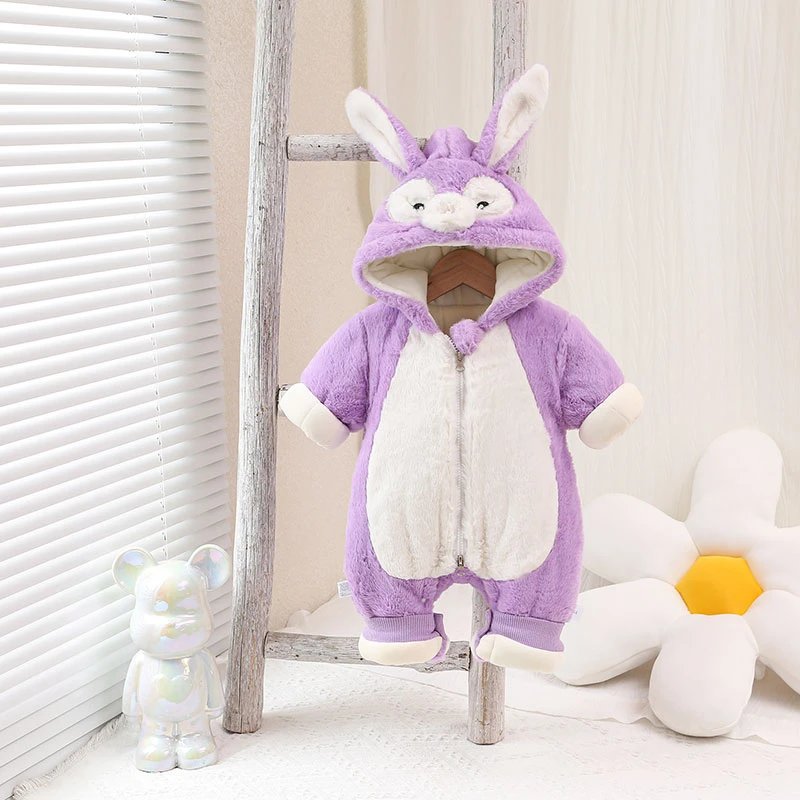 冬季宝宝新生儿加绒加厚保暖带帽连体爬服星黛露兔毛外出哈衣