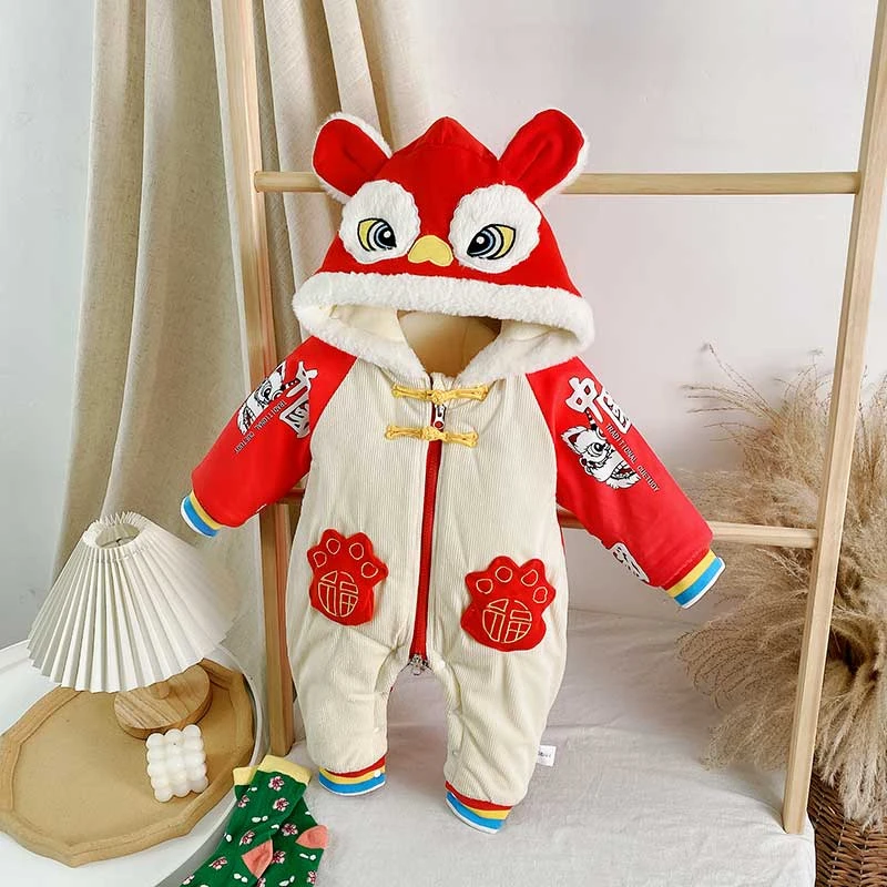 新生儿冬季长袖外出服男女宝宝加绒加厚连体衣婴幼儿中国风哈衣