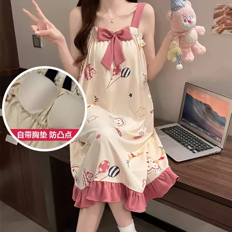 睡裙女夏季吊带睡衣带胸垫一体薄款女士宽松可爱纯棉防凸点家居服