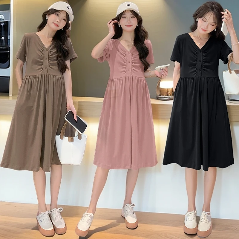时尚洋气孕妇夏季连衣裙个性大码宽松中长款可开扣V领A字裙韩版