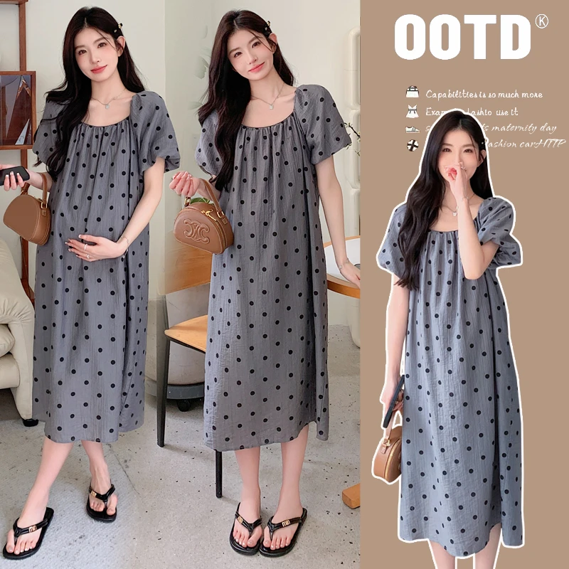 孕妇时尚甜美个性圆点大码宽松连衣裙中长款韩版泡泡袖波点裙夏季