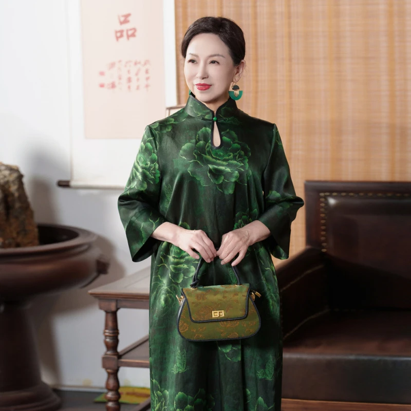 【绿牡丹】 香云纱桑蚕丝国风气质复古连衣裙HQ1669